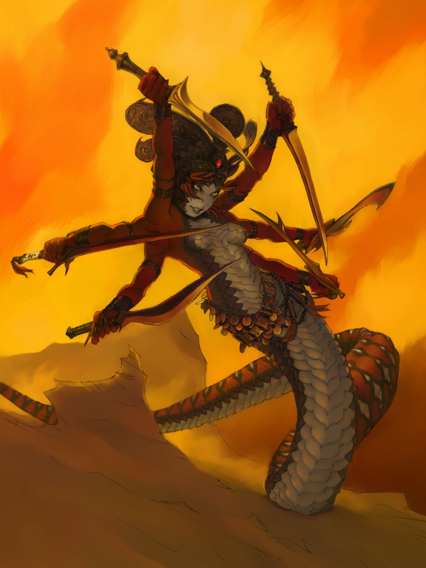 1girl, artist_request, bad_id, extra_arms, female, final_fantasy, final_fantasy_i, highres, lamia, marilith, monster_girl, multi_arm, multiple_arms, redhead, scales, slit_pupils, solo, sword, weapon, yellow_eyes