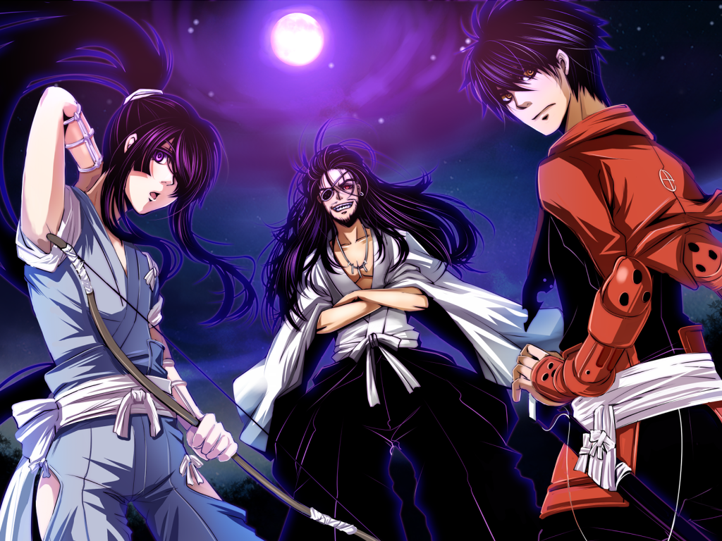 3boys, bow_(weapon), drifters, eyepatch, full_moon, male_focus, moon, multiple_boys