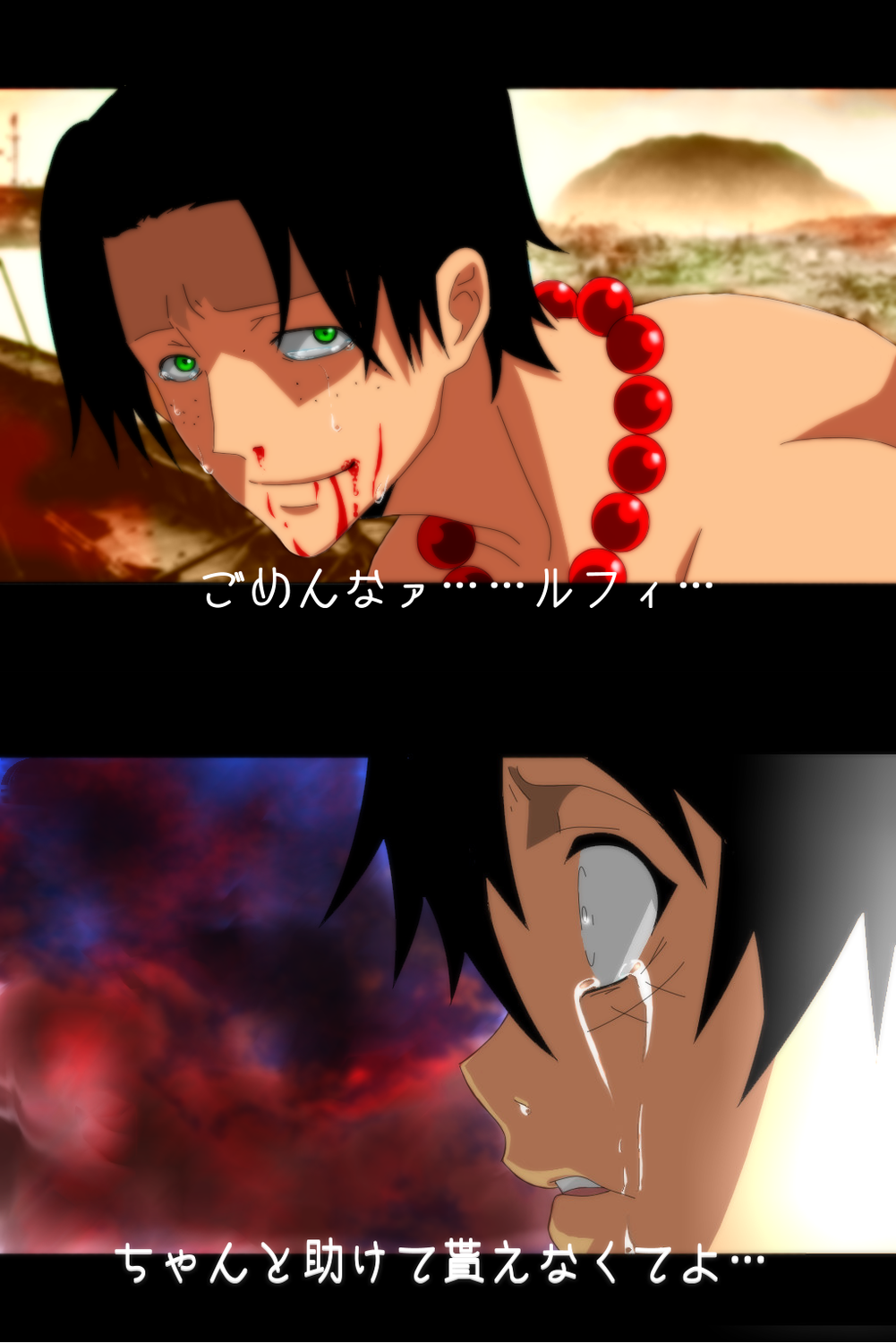 2boys, 2nd-heaven, blood, death, highres, highschool_of_the_dead, marineford, monkey_d_luffy