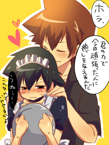 2boys, black_hair, blush, brown_hair, child, closed_eyes, crossdressinging, hat