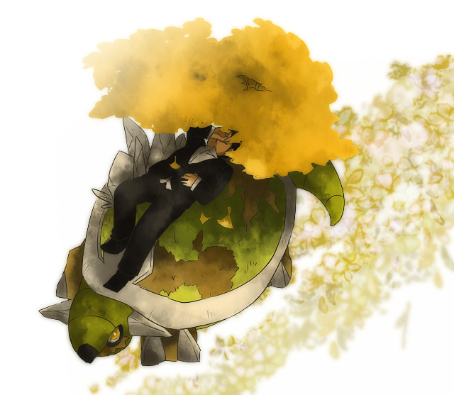 1boy, leaf, male_focus, nature, outdoors, plant, pokemon, sakaki_(pokemon), sleeping, solo, sun-baby, team_rocket, torterra, white_background