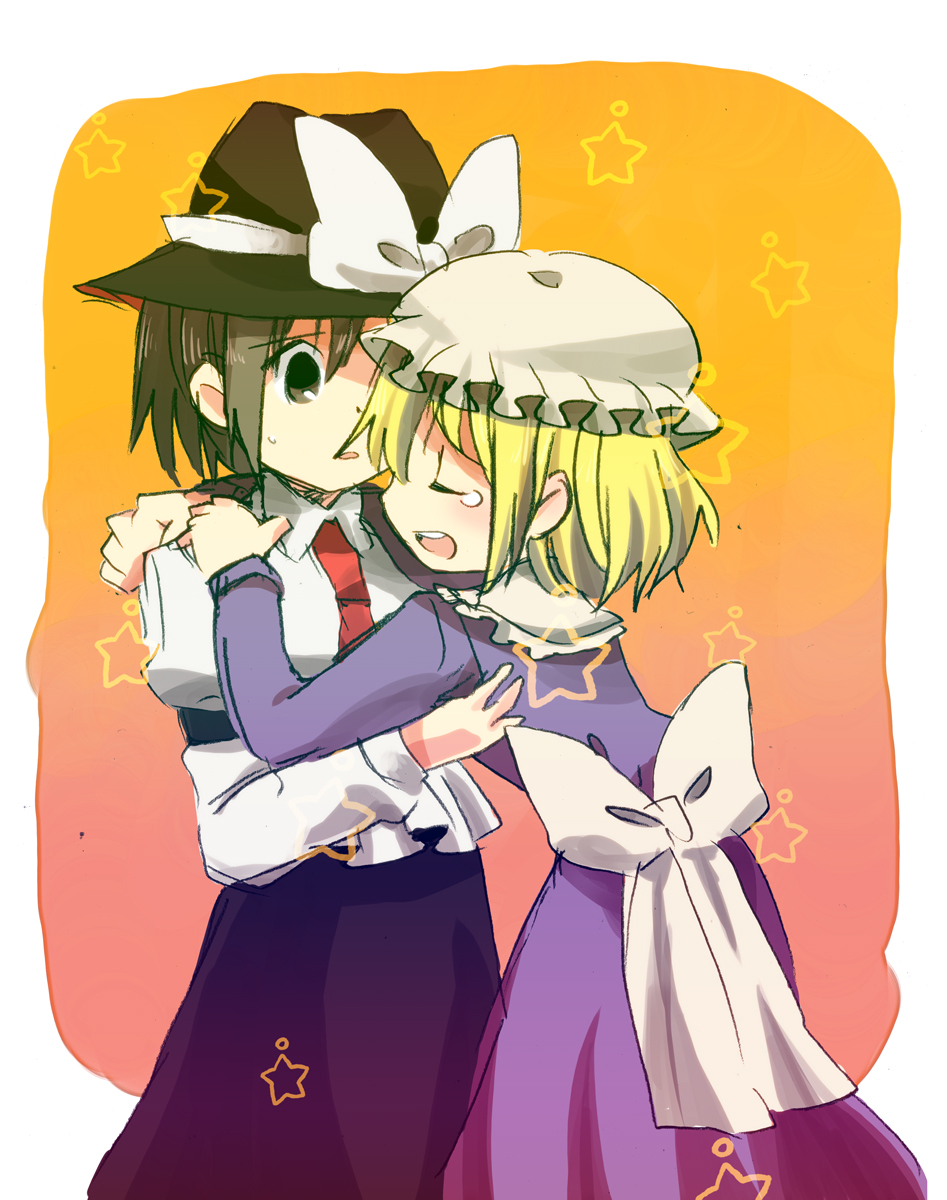 2girls, 8bit, bad_id, closed_eyes, female, hachi_(8bit_canvas), hand_on_shoulder, hat