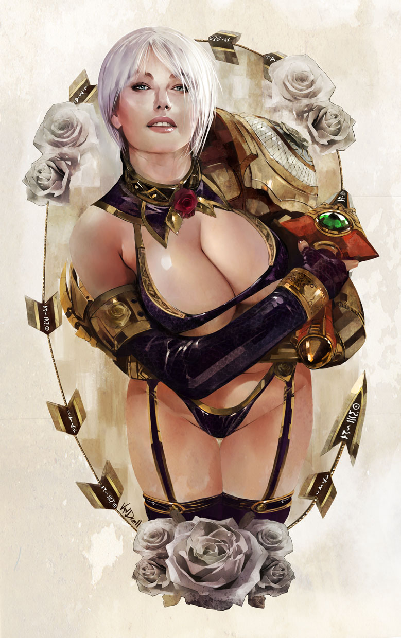 1girl, armor, blue_eyes, breast_hold, breasts, cleavage, crossed_arms, daniel_oduber, flower, garter_straps, highres, huge_breasts, isabella_valentine, large_breasts, legs, naughty_face, realistic, revealing_clothes, rose, short_hair, smile, solo, soul_calibur, soulcalibur, soulcalibur_iv, sword, thigh-highs, thigh_gap, thighs, under_boob, weapon, whip, white_hair, white_rose