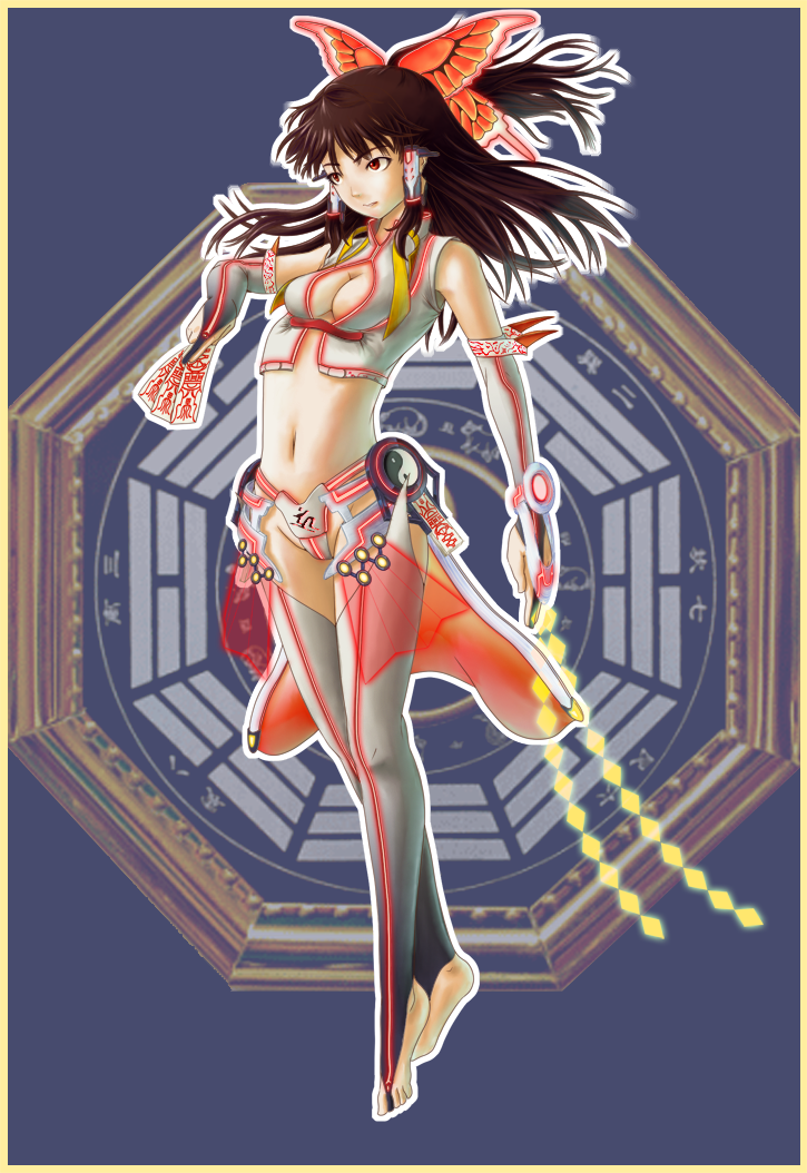 1girl, alternate_costume, barefoot, breasts, bridal_gauntlets, brown_eyes, brown_hair, cleavage