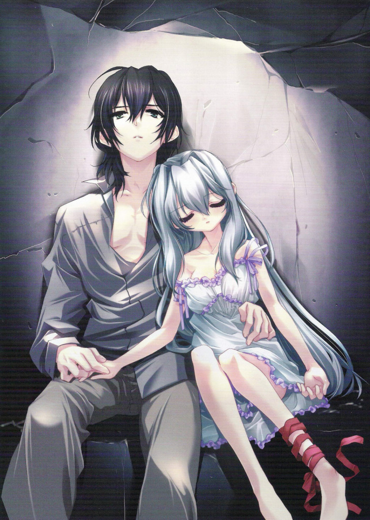 1boy, 1girl, ashe_(under_the_moon), black_hair, blue_hair, couple, dress, hetero, long_hair, pants, ribbon, seizh, short_hair, sitting, under_the_moon, wall