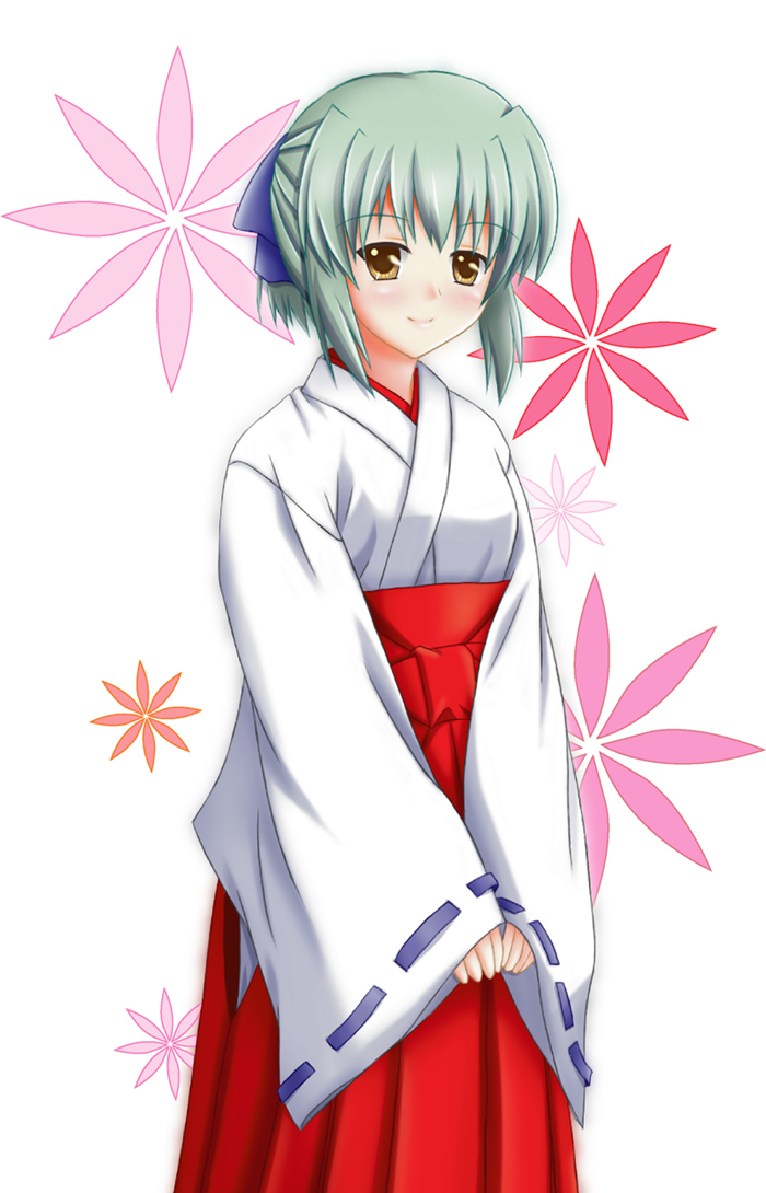 green_hair, japanese_clothes, kamiya_tadato, miko, original