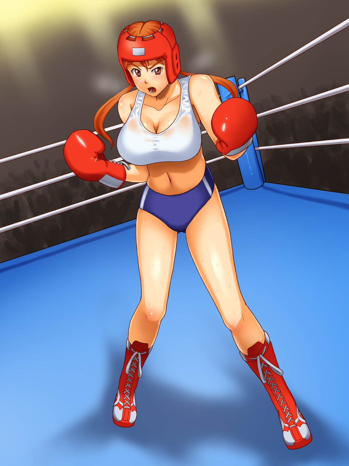 1girl, boots, boxing, boxing_gloves, boxing_headgear, boxing_ring, breasts, brown_eyes