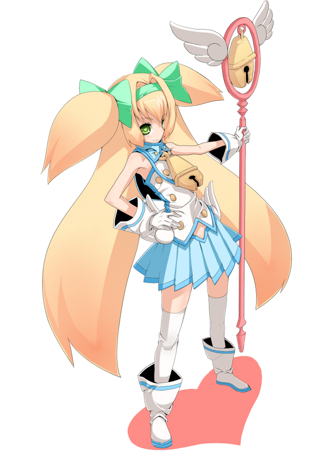 1girl, arc_system_works, armpits, bad_id, bell, blazblue, blazblue:_continuum_shift, blonde_hair, cow_bell, gloves, heart, kamirobo, long_hair, platinum_the_trinity, quad_tails, shirorenge_(huruhuru), skirt, solo, symbol-shaped_pupils, two_side_up, very_long_hair