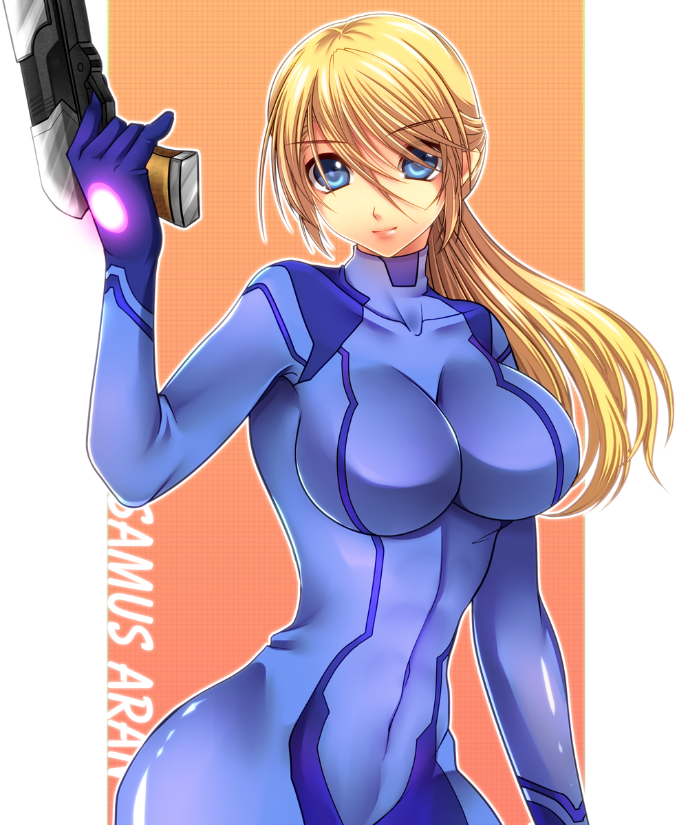1girl, blonde_hair, blue_eyes, bodysuit, breasts, curvy, gun, highres