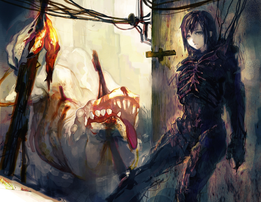 1girl, abara, armor, black_hair, blood, exoskeleton, female, guana, leaning, monster, ribs, solo, sugimoto_gang, tongue