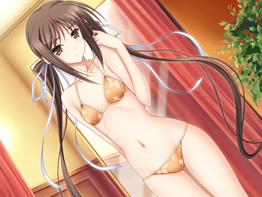 1girl, adjusting_hair, arm_behind_back, bangs, bikini, blush, brown_eyes, brown_hair