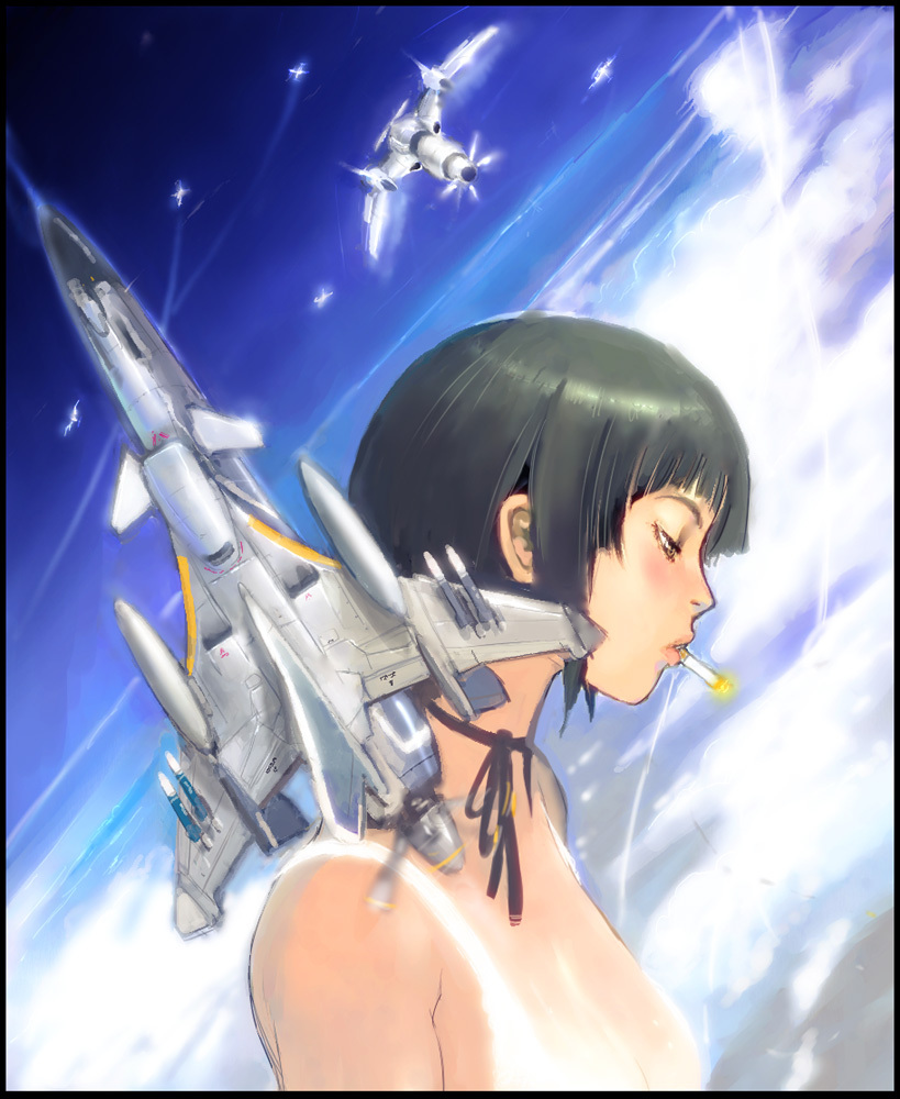 airplane, cigarette, kusanagi_suito, military, profile, short_hair, sky, smoking