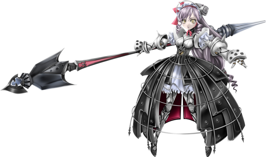 1041_(toshikazu), 1girl, ashlotte_maedel, drill_hair, gothic_lolita, lolita_fashion, polearm, robot, silver_hair, solo, soul_calibur, soulcalibur, soulcalibur_iv, spear, weapon, yellow_eyes