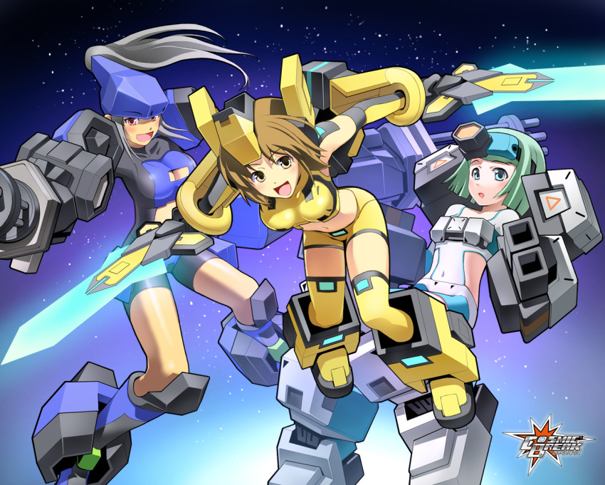 3girls, bike_shorts, black_hair, breasts, brown_hair, cannon, cleavage, cleavage_cutout