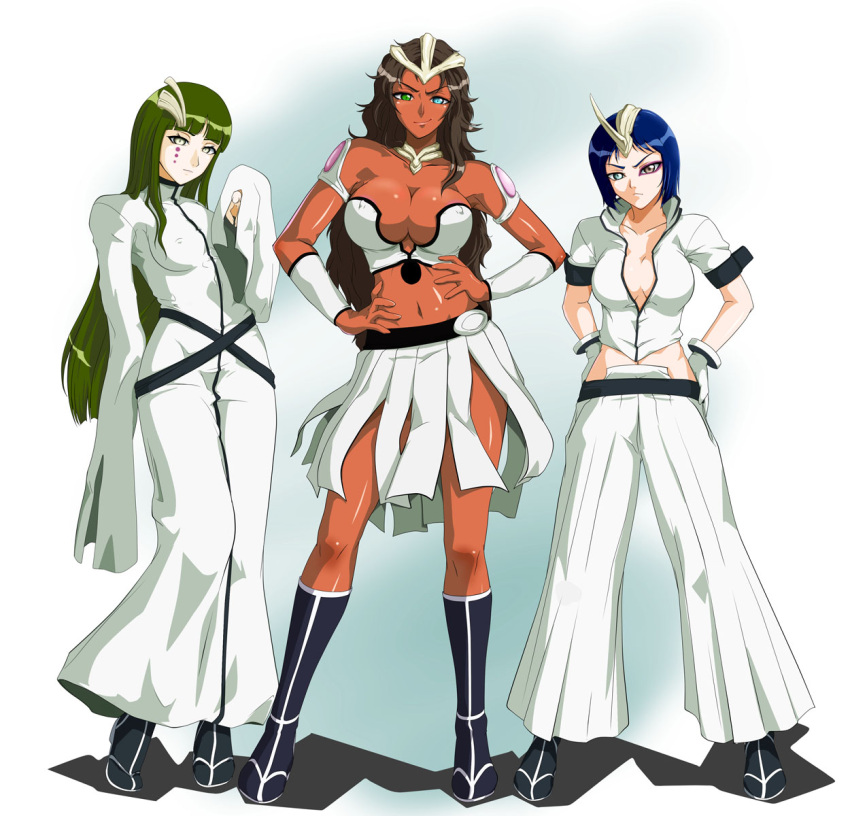 3girls, aqua_eyes, armband, armlet, arrancar, bangs, bleach, blue_hair