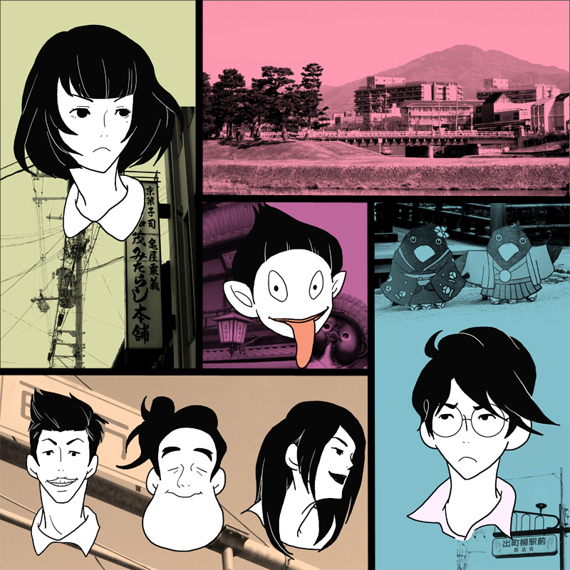 2girls, 3boys, akashi, akashi_(yojouhan), bangs, bird, bob_cut, building
