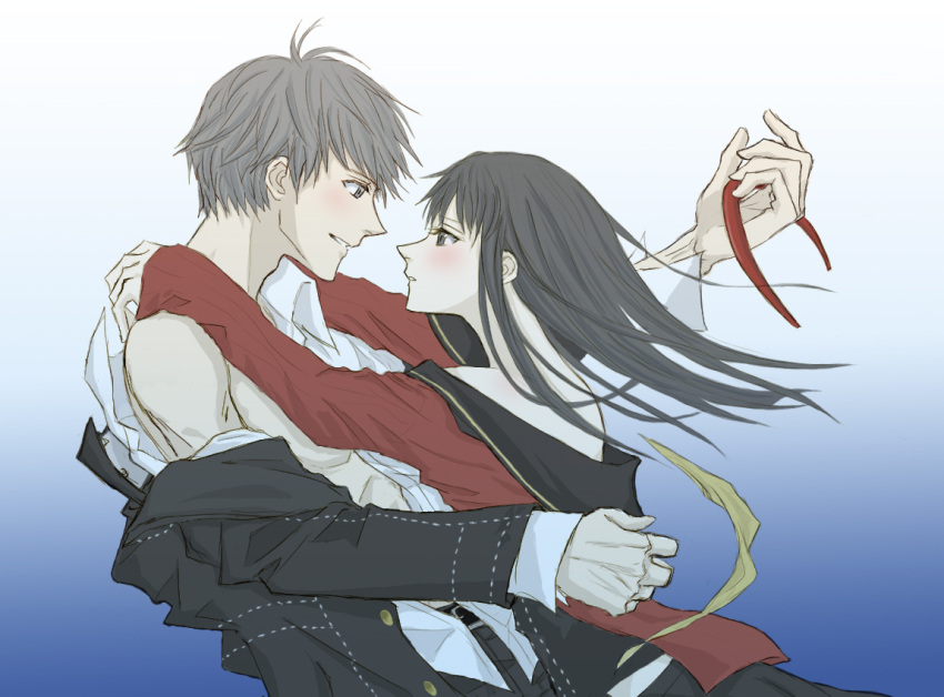 1boy, 1girl, atlus, gogono_pan'ya, gogono_panya, kannazuki_no_miko, megami_tensei, miko_embrace
