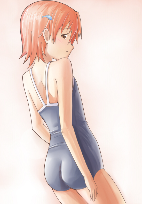 1girl, ass, back, bad_id, dutch_angle, flat_chest, hair_ornament, hairclip, inami_mahiru, looking_back, matching_hair/eyes, one-piece_swimsuit, orange_eyes, orange_hair, profile, school_swimsuit, short_hair, solo, swimsuit, working!!, yonyontai