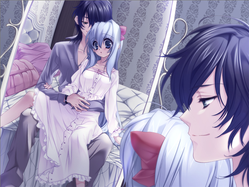1boy, 1girl, ashe_(under_the_moon), bed, bishounen, black_hair, blue_eyes, blue_hair
