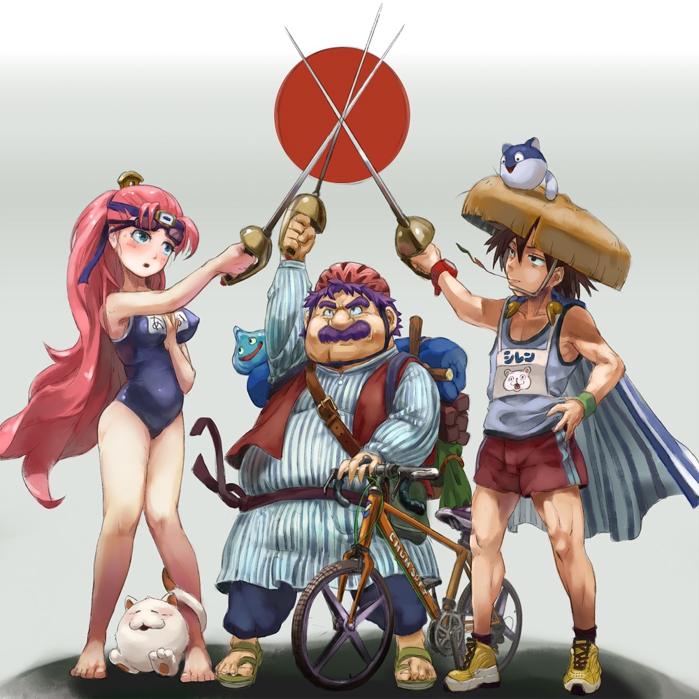 1girl, 2boys, asuka_(fns), barefoot, between_breasts, bicycle, breasts, brown_hair, cape, cat, chunsoft, crossover, dragon_quest, dragon_quest_iv, enix, facial_hair, fuurai_no_shiren, goggles, goggles_on_head, hand_on_hip, hat, headband, helmet, japan, katsuma_(perestronica), multiple_boys, mustache, name_tag, one-piece_swimsuit, pink_hair, ponytail, purple_hair, rapier, school_swimsuit, shiren, shiren_(fuurai_no_shiren), shoes, slime, slime_(dragon_quest), sneakers, swimsuit, sword, torneko, torneko_no_daibouken, torneko_taloon, weapon