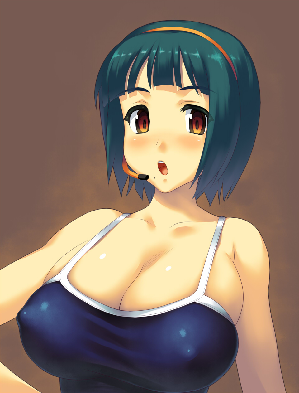 1girl, blush, breasts, cleavage, collarbone, erect_nipples, green_hair, headset