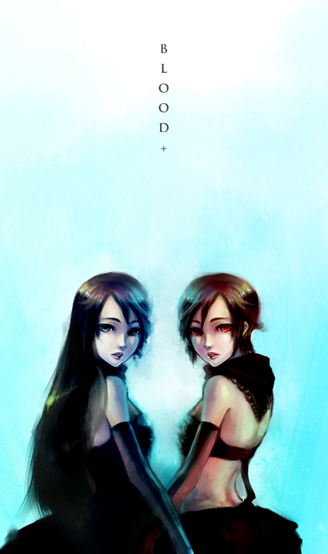 2girls, black_hair, blood+, blue_eyes, diva, diva_(blood+), long_hair, looking_at_viewer