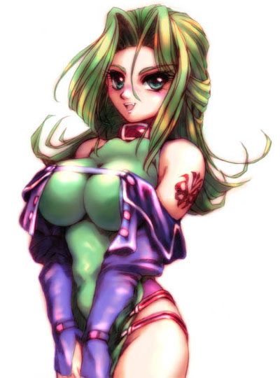 breast_squeeze, breasts, green_eyes, green_hair, hisahiko, lamia_loveless, large_breasts, long_hair