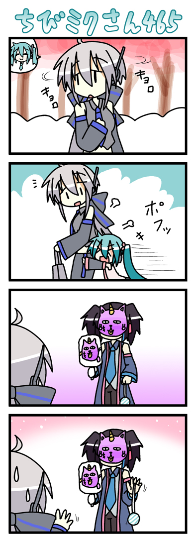 >_<, 4koma, ahoge, alternate_costume, bag, chibi, chibi_miku, closed_eyes