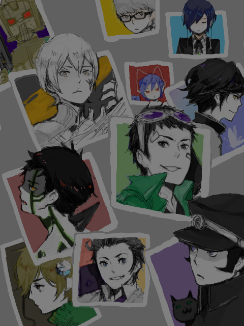 6+boys, arisato_minato, armor, artist_request, atlus, bandaid, bandaid_on_face, blue_eyes, blue_hair, brown_hair, butterfly, cat, close-up, closed_eyes, collar, crossover, devil_summoner, digital_devil_saga, everyone, facial_mark, glasses, gouto, grey_hair, grin, gun, hat, hayasaka_chiaki, headphones, helmet, hitoshura, horns, jacket, kazuya_(shin_megami_tensei), kuzunoha_kyouji, kuzunoha_raidou, male_focus, megami_ibunroku_devil_survivor, megami_tensei, minegishi_keiji, multiple_boys, narukami_yuu, nitta_isamu, open_mouth, persona, persona_1, persona_2, persona_3, persona_4, photo_(object), protagonist_(devil_survivor), protagonist_(shin_megami_tensei_strange_journey), school_uniform, serph, shin_megami_tensei, shin_megami_tensei:_strange_journey, shin_megami_tensei_i, shin_megami_tensei_iii:_nocturne, shirt, sideburns, smile, soul_hackers, suou_tatsuya, tadano_hitonari, tatsuya_suou, tattoo, toudou_naoya, turtleneck, weapon, white_shirt, yellow_eyes, yuuki_makoto