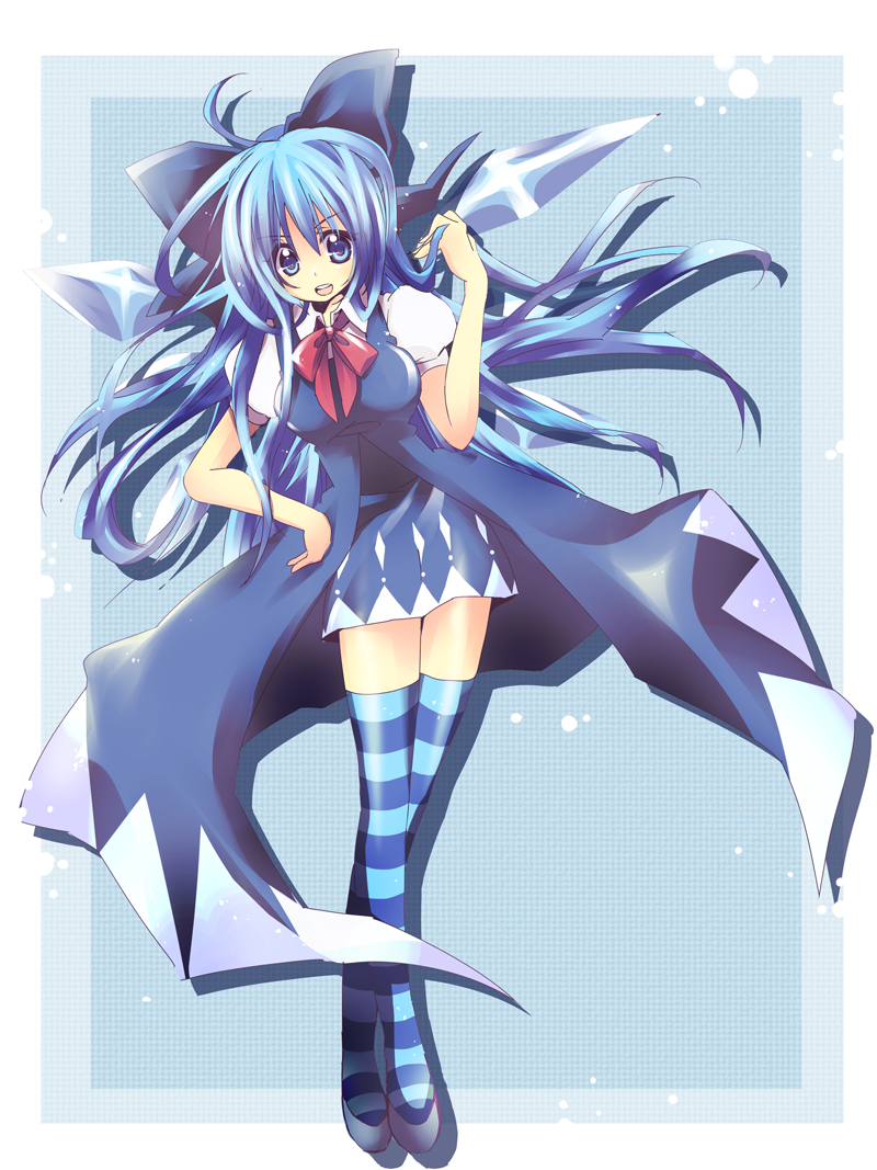 1girl, aimai_(artist), alternate_hairstyle, blue_eyes, blue_hair, bow, cirno, hair_bow