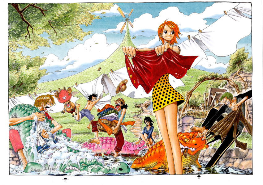 00s, 2004, 2girls, 5boys, antlers, barefoot, black_hair, black_pants, blonde_hair, bridge, bucket, clothes, clothes_pin, clouds, color_spread, cover, cover_page, crocodile, crocodilian, dress, earrings, eyebrows, green_hair, hat, jewelry, laundry, monkey_d_luffy, multiple_boys, multiple_girls, nami_(one_piece), nico_robin, oda_eiichirou, official_art, one_piece, orange_hair, outdoors, overalls, pants, polka_dot, red_pants, reindeer, roronoa_zoro, sanji, short_hair, shorts, soap, straw_hat, tattoo, tony_tony_chopper, topless, usopp, wash, water, water_wheel