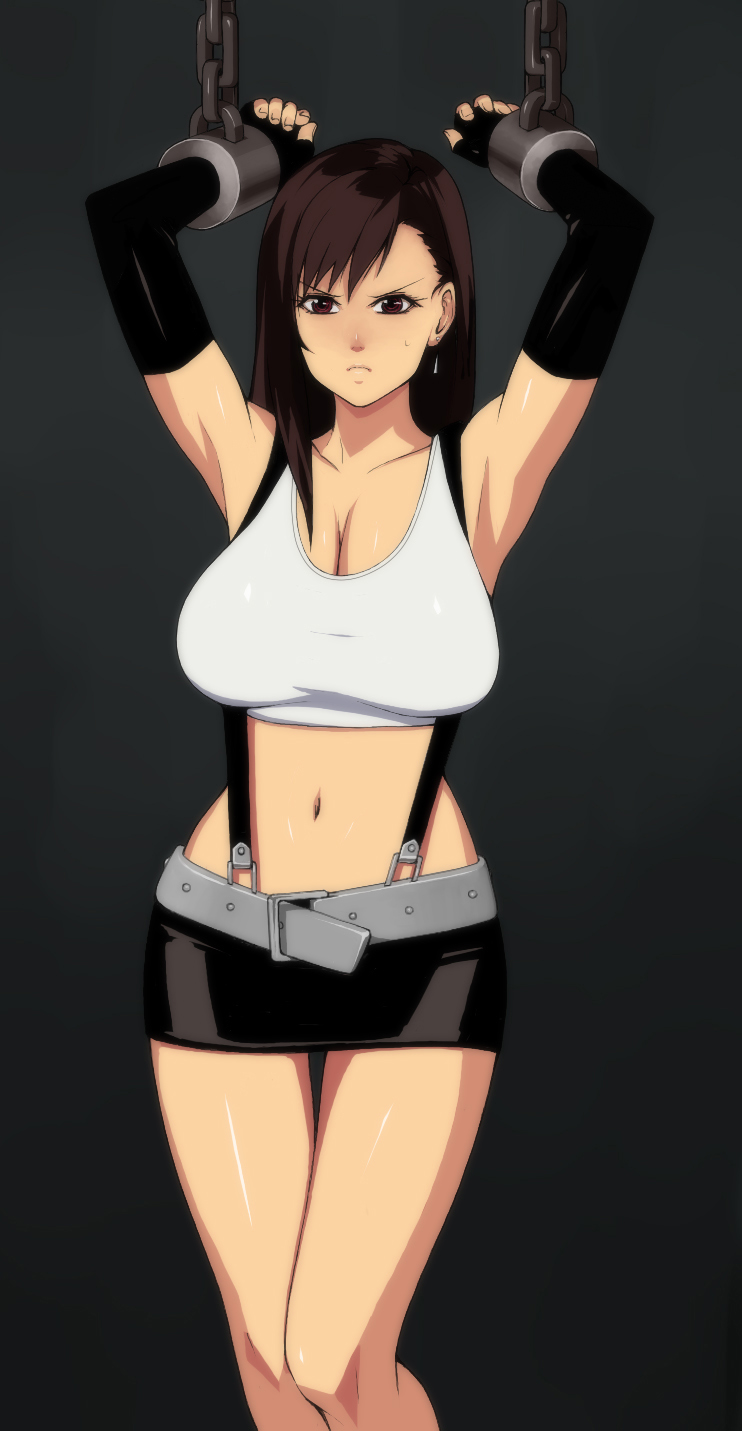 1girl, armpits, bad_id, bdsm, bondage, bound, breasts, brown_hair, earrings, elbow_gloves, final_fantasy, final_fantasy_vii, fingerless_gloves, gloves, highres, huge_breasts, jewelry, large_breasts, long_hair, midriff, miniskirt, pencil_skirt, reiken, skirt, solo, suspender_skirt, suspenders, sweatdrop, tifa_lockhart