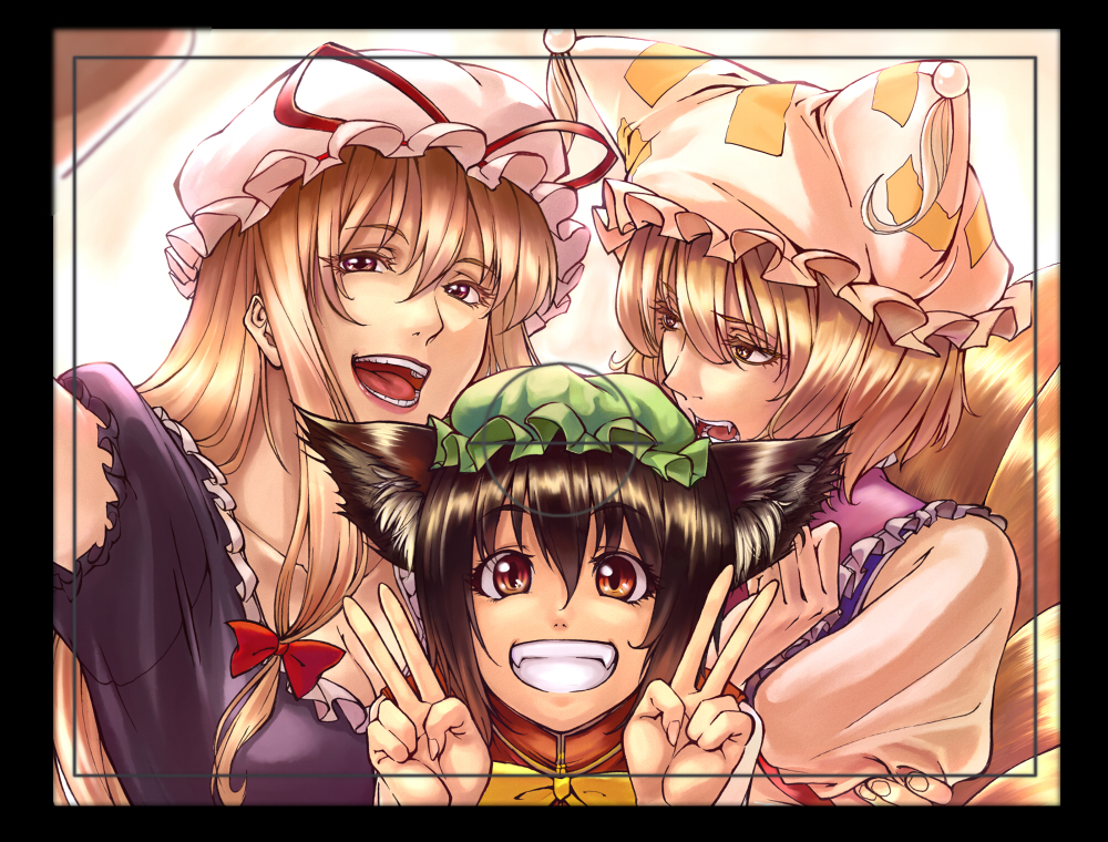 blonde_hair, cat_ears, chen, crow(pixiv), crow_(pixiv), double_v, edo_tatsuki, fangs
