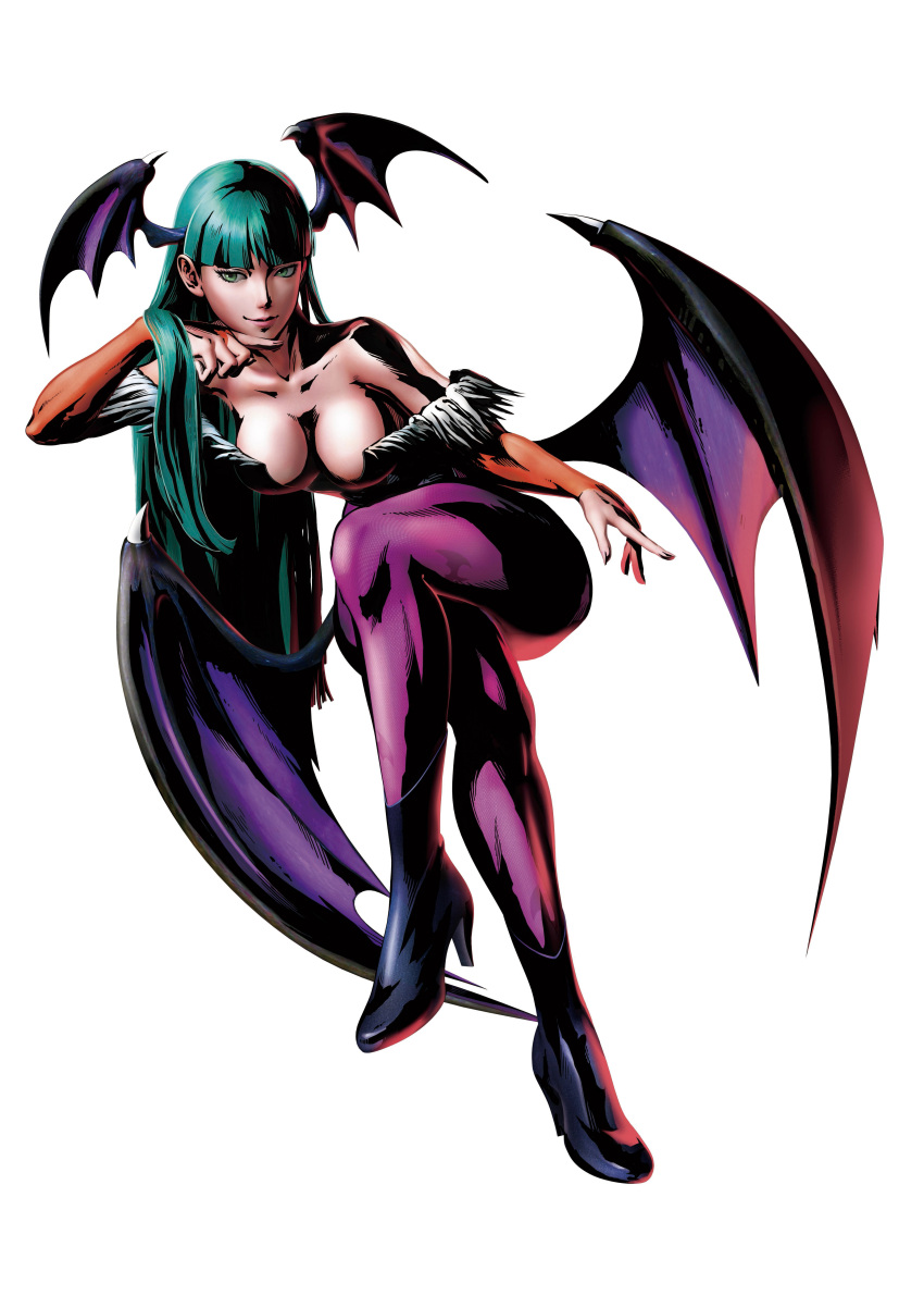 1girl, 3d, absurdres, bat_print, breasts, capcom, cleavage, crossed_legs