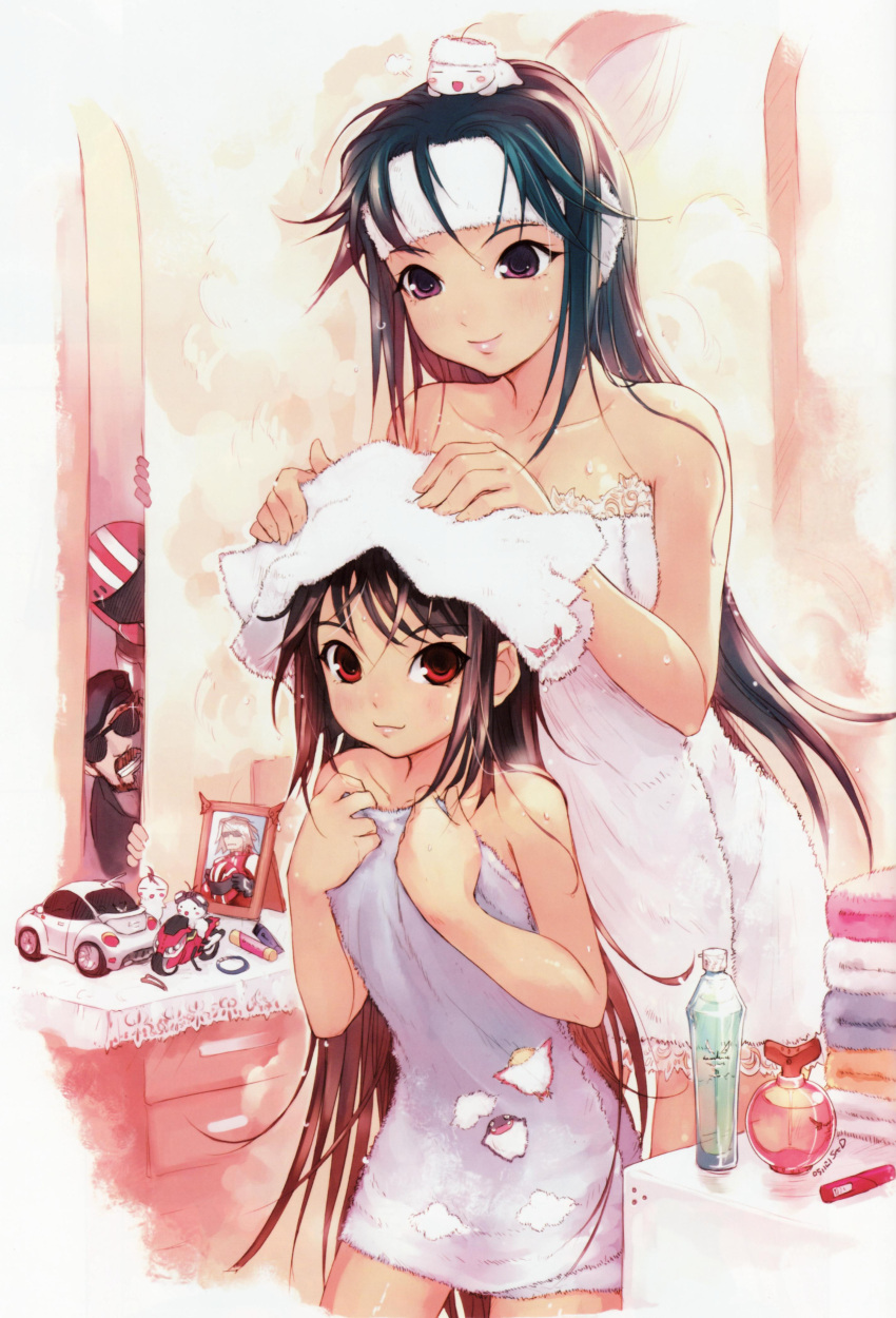 2boys, 2girls, :d, absurdres, arin, azer, bare_shoulders, black_hair