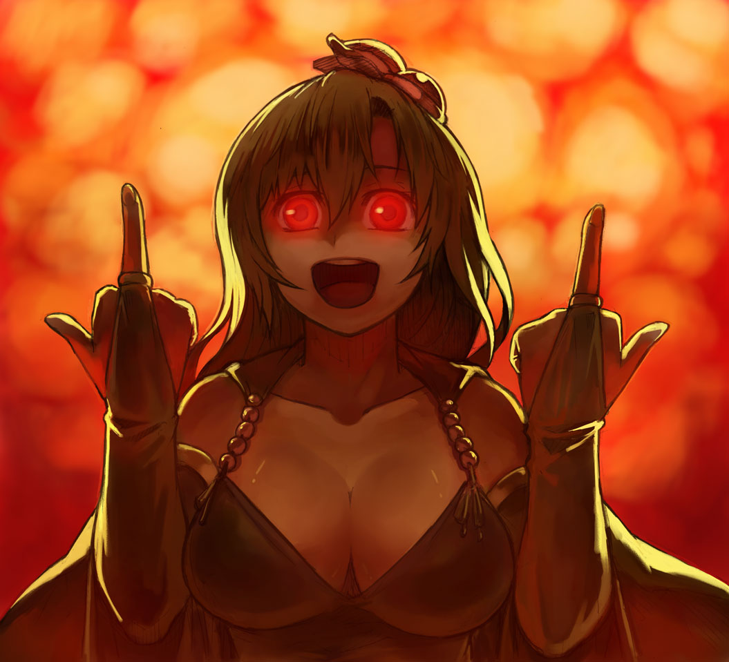 1girl, :d, bad_id, breasts, bridal_gauntlets, cleavage, elbow_gloves, explosion