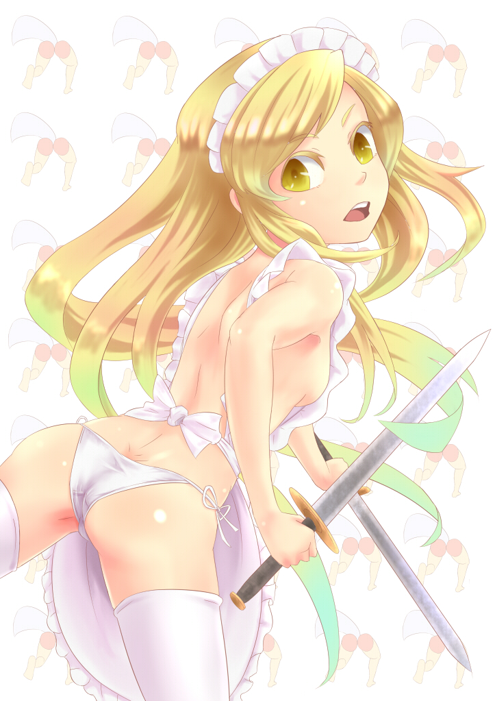 1girl, apron, blonde_hair, breasts, dual_wielding, female, kouzilow, long_hair, maid_headdress, mystic_square, naked_apron, panties, side-tie_panties, sideboob, simple_background, sword, thigh-highs, touhou, touhou_(pc-98), underwear, weapon, yellow_eyes, yumeko