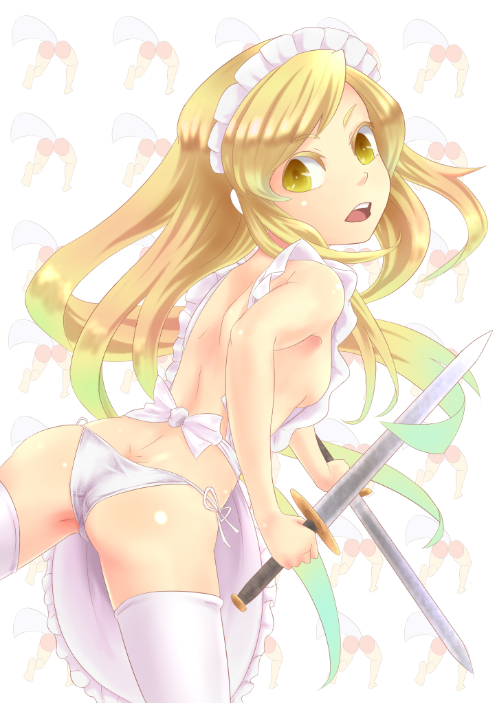 1girl, apron, bad_id, blonde_hair, breasts, female, kouzilow, long_hair, maid_headdress, mystic_square, panties, side-tie_panties, sideboob, solo, thigh-highs, touhou, touhou_(pc-98), underwear, weapon, yellow_eyes, yumeko