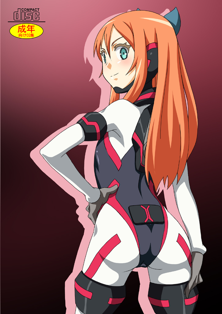 1girl, aqua_eyes, ass, bad_id, bodysuit, chiara_ferina, child, element_hunters, female, flat_chest, from_behind, hand_on_hip, hips, long_hair, looking_back, makino_tomoyasu, orange_hair, skin_tight, smile, solo, standing