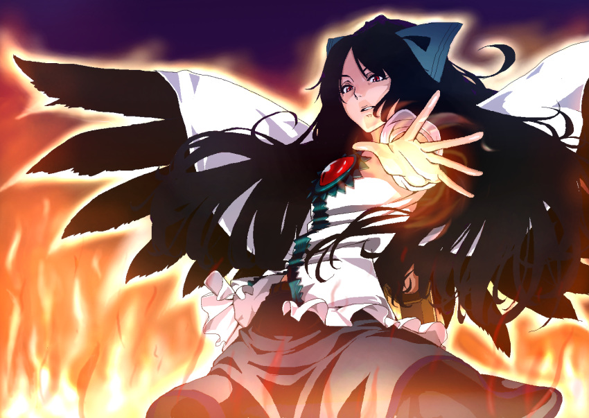 crow(pixiv), crow_(pixiv), fire, outstretched_arms, outstretched_hand, reiuji_utsuho, touhou, utsuo_reiuji