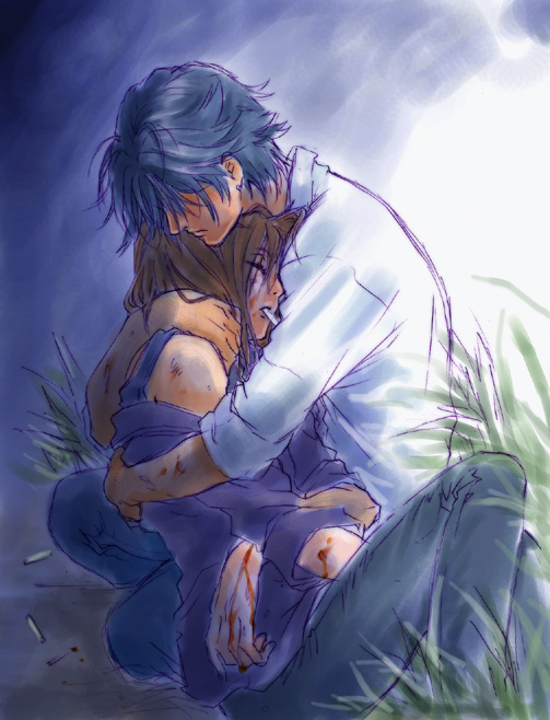 2boys, anubituf, black_pants, blood, blue_hair, brown_hair, bruise, guragief, holding, hug, injury, multiple_boys, nishida_asako, outdoors, pants, shirt, simoun, white_shirt