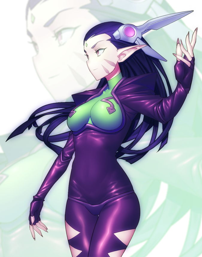 1girl, 90s, alien, bad_id, bodysuit, brown_eyes, elf, fondolger, latex, macross, macross_7, pointy_ears, protodeviln, purple_hair, shiny, sivil, skin_tight, solo