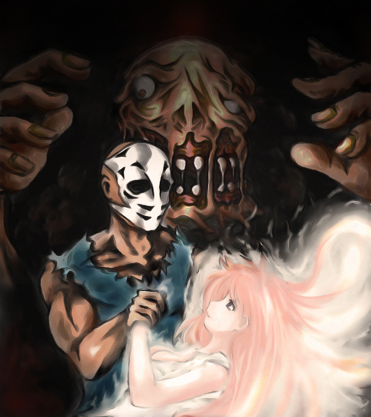 1girl, 2boys, bald, couple, ebi_tendon, jennifer_willis, long_hair, mask