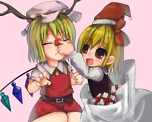 2girls, :d, bad_id, blonde_hair, christmas, closed_eyes, fangs, female, flandre_scarlet, gift, hat, in_container, lowres, multiple_girls, open_mouth, red_eyes, red_nose, rumia, rune_(solitonbeam), sack, santa_hat, short_hair, smile, the_embodiment_of_scarlet_devil, touhou, wince, wings, youkai