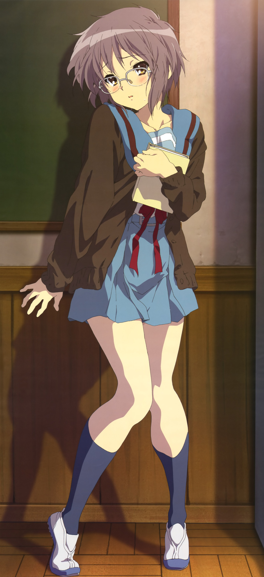 1girl, absurdres, black_legwear, blush, book, brown_eyes, classroom, footwear