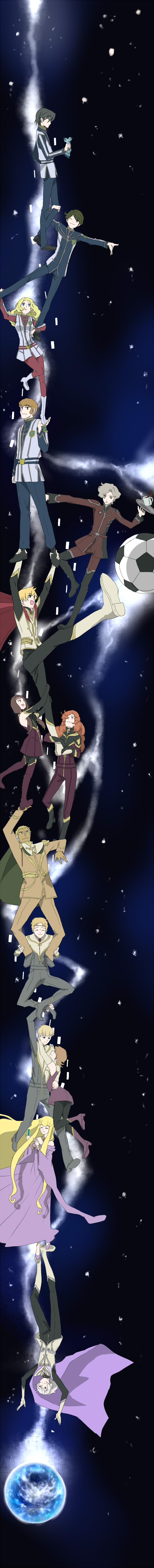 4girls, 6+boys, absurdres, artella, bad_id, ball, black_hair, blonde_hair, blue_eyes, boots, cape, coffee_mug, durarara!!, earth, grey_eyes, grey_hair, highres, hug, jomy_marquis_shin, jonah_matsuka, karina_(toward_the_terra), keith_anyan, leo_(toward_the_terra), long_hair, long_image, multiple_boys, multiple_girls, parody, physis, red_eyes, redhead, sam_houston, seki_rei_shiroe, short_hair, silver_hair, soccer_ball, soldier_blue, space, swena_dalton, tall_image, tan_skin, tarot, telstar, tony_(toward_the_terra), toward_the_terra, trust_me, uniform, william_harley, yuui