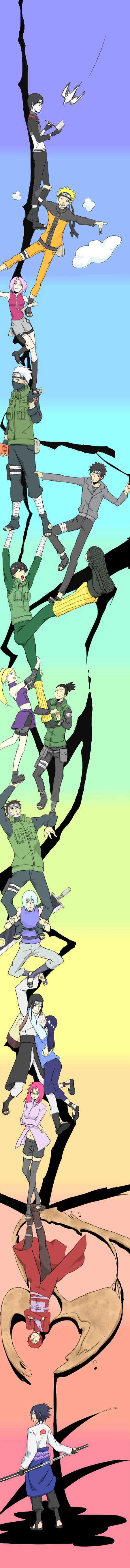 4girls, 6+boys, absurdres, durarara!!, gaara, haruno_sakura, hatake_kakashi, highres, hoozuki_suigetsu, hyuuga_hinata, hyuuga_neji, inuzuka_kiba, karin_(naruto), kubikirihouchou, long_image, multiple_boys, multiple_girls, nara_shikamaru, naruto, naruto_shippuuden, parody, rainbow_background, rock_lee, sai, sword, tall_image, trust_me, uchiha_sasuke, uzumaki_naruto, weapon, yamanaka_ino, yamato_(naruto), yunron