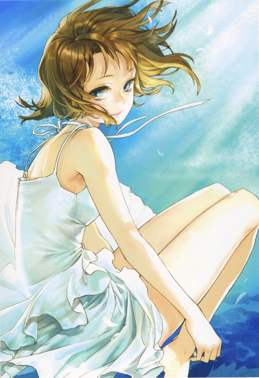 1girl, absurdres, back, bare_shoulders, barefoot, blue_eyes, brown_hair, dress