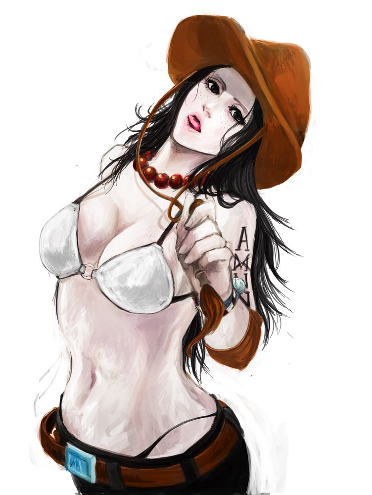 1girl, belt, bikini_top, black_hair, female, freckles, genderswap, hat