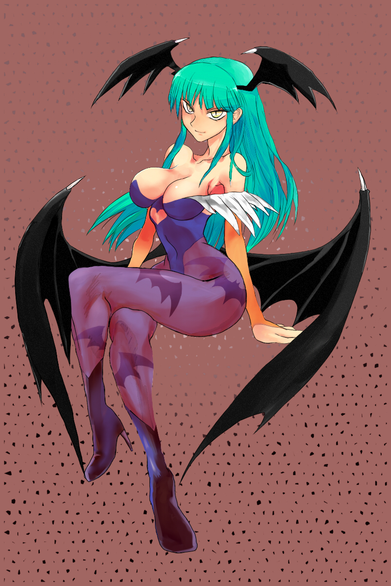 1girl, aqua_hair, bare_shoulders, bat_print, bat_wings, boots, breasts, capcom